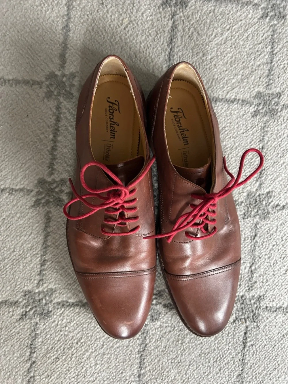 Florsheim Brown Leather Cap-Toe Oxfords with Red Laces